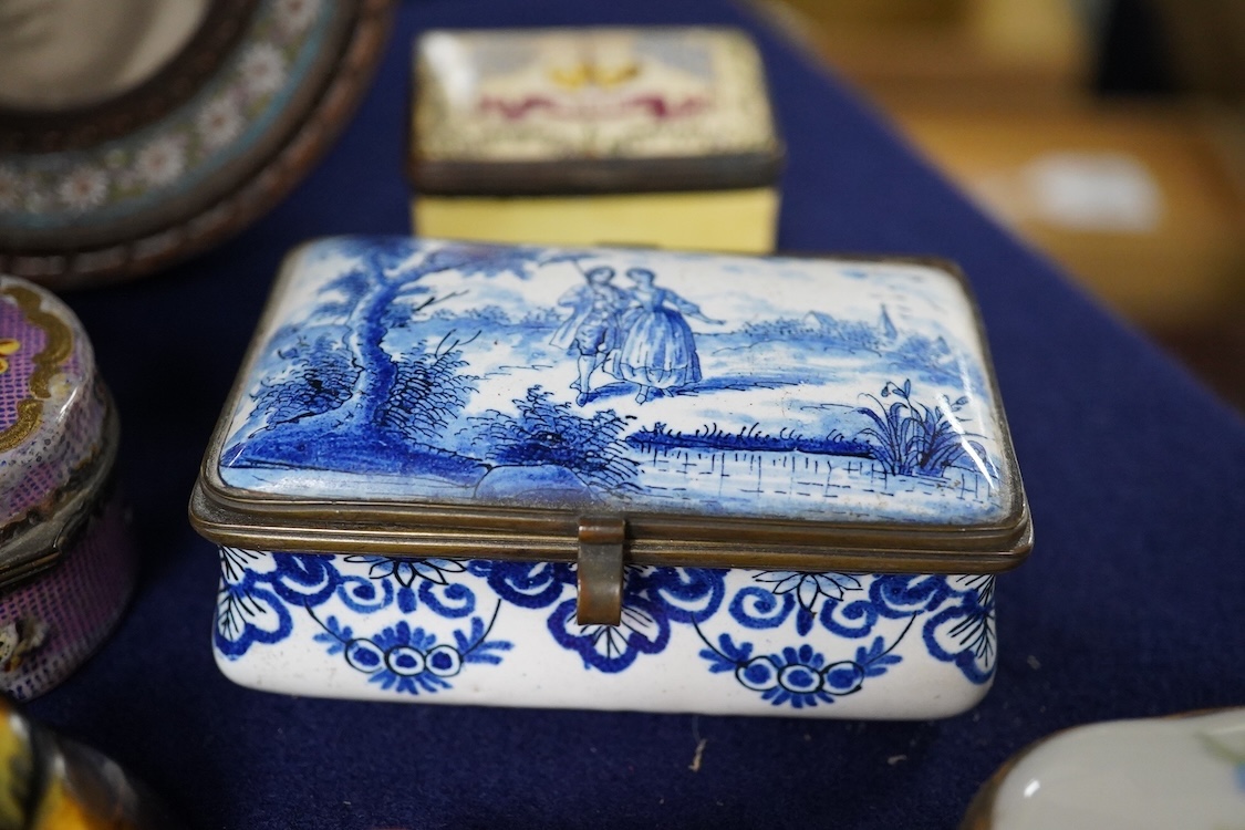 A collection of various 18th century and later trinket/pill boxes, a micro mosaic frame and two small carvings to include a tiger’s eye Scottie dog, frame 10cm in diameter
